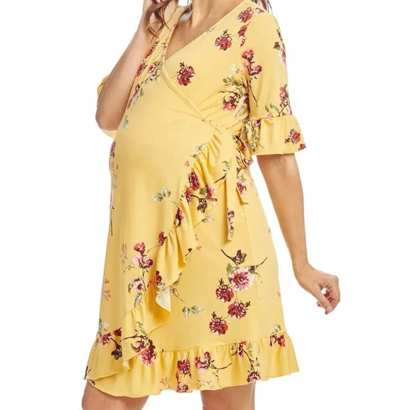 Everly Grey Leilani Yellow Floral Maternity Nursing Ruffle Wrap Dress Size L - Picture 1 of 9